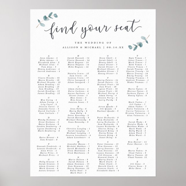 Eucalyptus Alphabetical Wedding Seating Chart (Front)