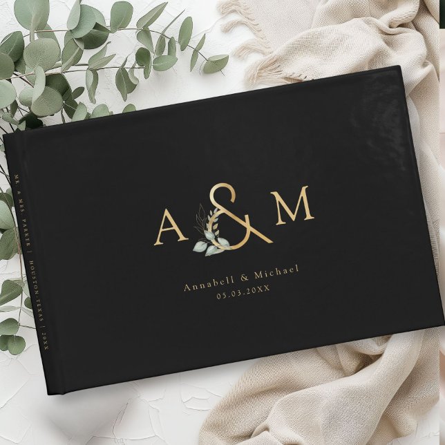 Eucalyptus, Ampersand, Black-Gold, Wedding Guest Book (Eucalyptus, Ampersand, Black-Gold, Wedding Guest Book with your namea and date.)