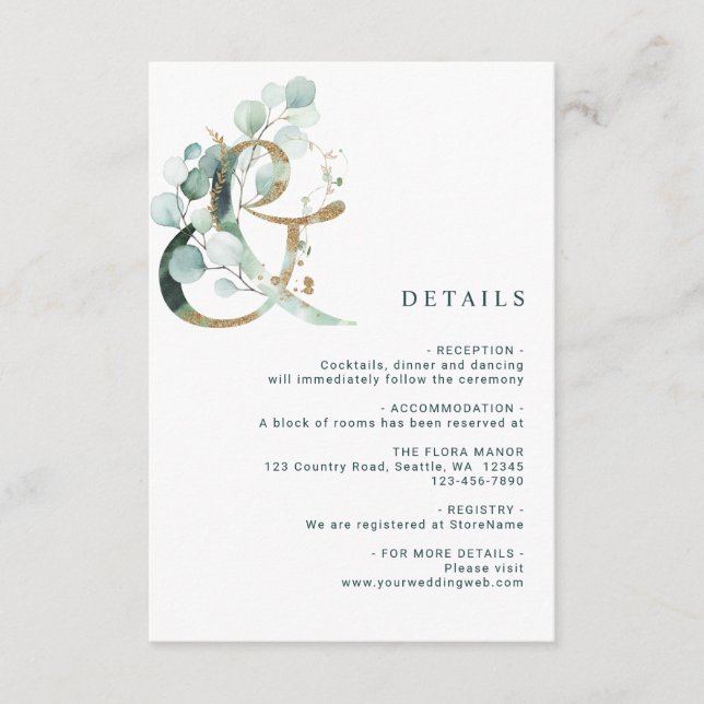 Eucalyptus Ampersand Gold Green Wedding Details Enclosure Card (Front)
