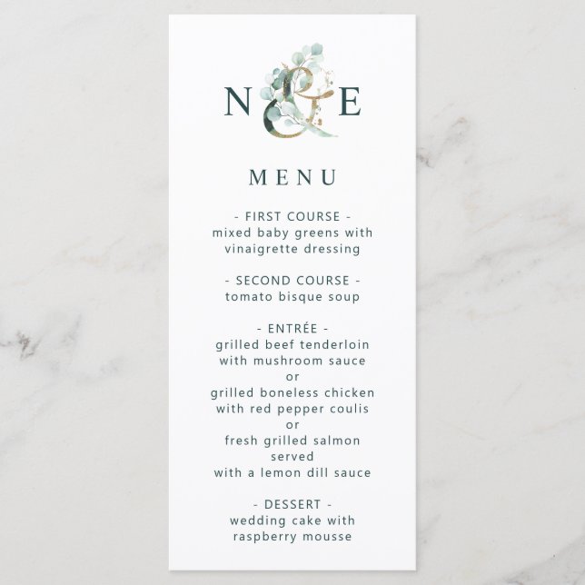 Eucalyptus Ampersand Gold Green Wedding Menu (Front)