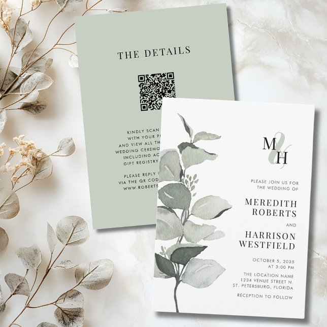 Eucalyptus Ampersand Monogram QR Code Wedding Invitation (Eucalyptus Ampersand Monogram QR Code Wedding Invitation)