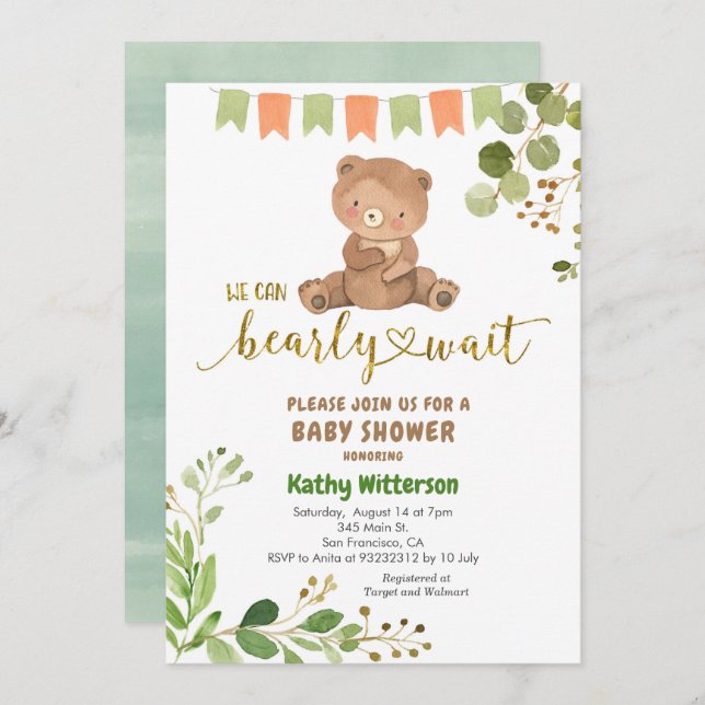 Eucalyptus and Bear We Can Bearly Wait Baby Shower Invitation (Front/Back)