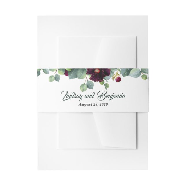 Eucalyptus and Burgundy Red Flowers Wedding Invitation Belly Band (Front Example)