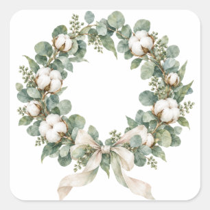 Eucalyptus and Cotton Wreath Square Sticker