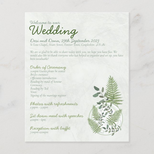 Eucalyptus and Fern Rings Wedding Programme (Front)