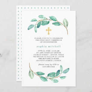 Eucalyptus and Gold Cross   First Holy Communion Invitation