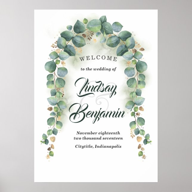 Eucalyptus and Gold Greenery Wedding Welcome Sign (Front)