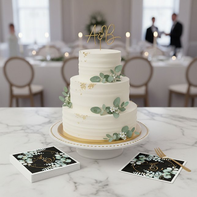 Eucalyptus and gold on black personalised wedding napkin (Creator Uploaded)