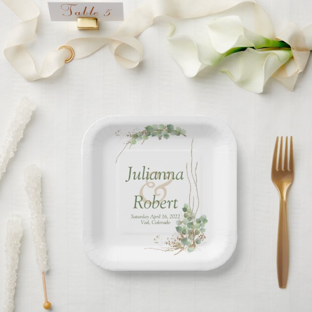 Eucalyptus and gold  wedding  paper plates (Wedding)