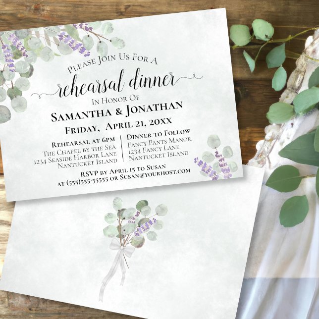 Eucalyptus and Lavender Wedding Rehearsal Dinner Invitation (Front and Back)