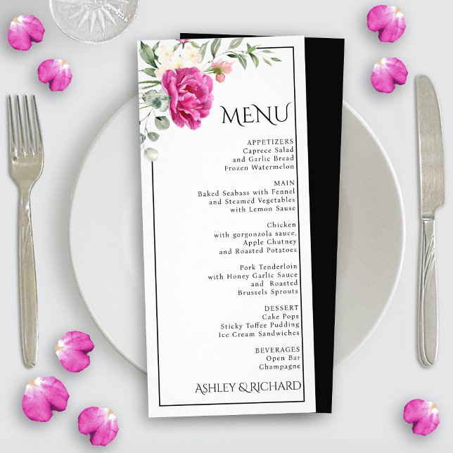 Eucalyptus and pink rose flowers wedding menu card (Creator Uploaded)