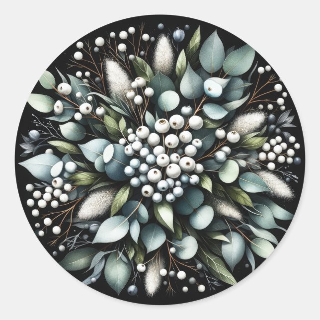Eucalyptus and Snowberries Wreath Watercolor Classic Round Sticker (Front)
