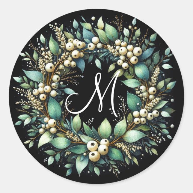 Eucalyptus and Snowberries Wreath Watercolor Classic Round Sticker (Front)