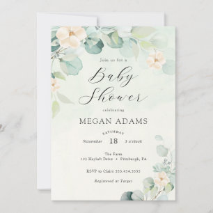 Eucalyptus and White Flowers Baby Shower Invitation
