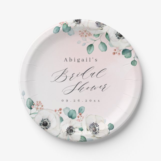 Eucalyptus anemone floral rustic bridal shower   paper plate (Front)