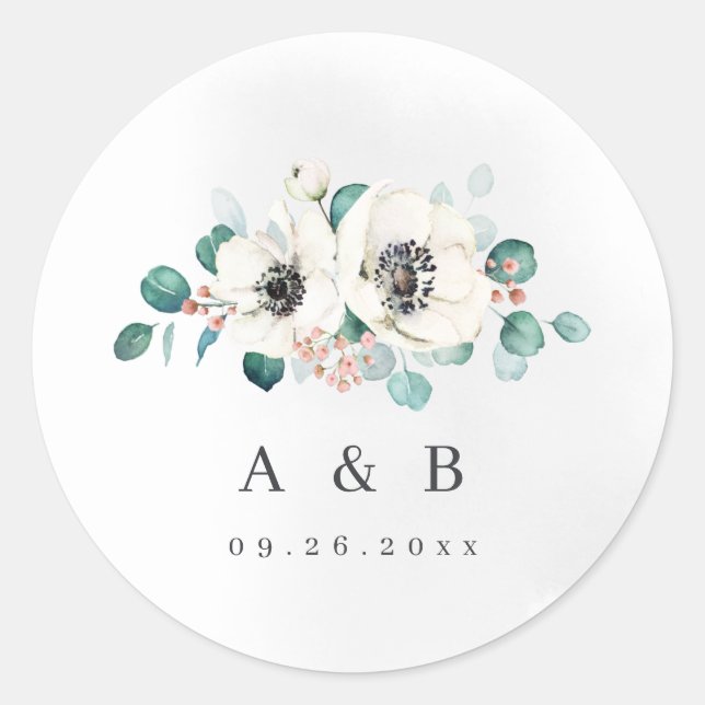 Eucalyptus anemone floral rustic monogram classic round sticker (Front)