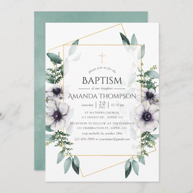 Eucalyptus Anemone Geometric Baptism/Christening Invitation (Front/Back)