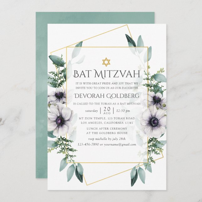 Eucalyptus Anemone Geometric Bat Mitzvah Invitation (Front/Back)
