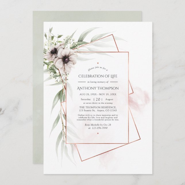Eucalyptus Anemone Geometric Celebration of Life Invitation (Front/Back)