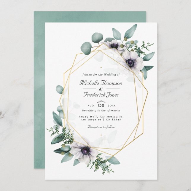 Eucalyptus Anemone Geometric QR Code RSVP Wedding Invitation (Front/Back)