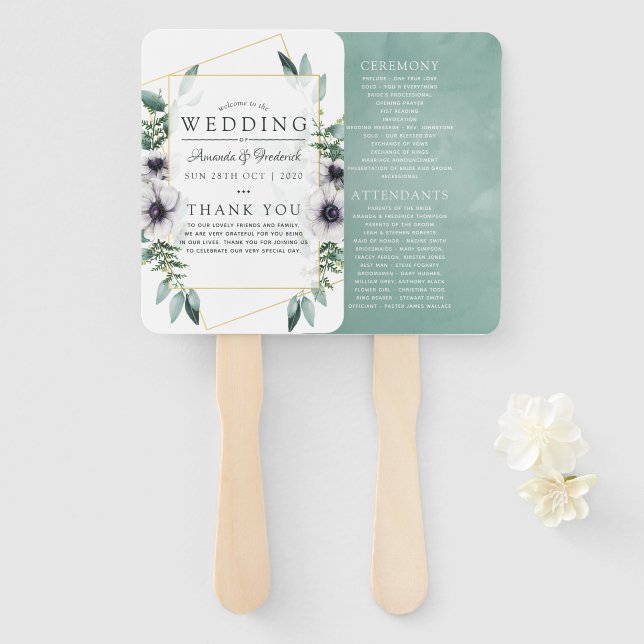 Eucalyptus Anemone Geometric Wedding Program Hand Fan (Front and Back)