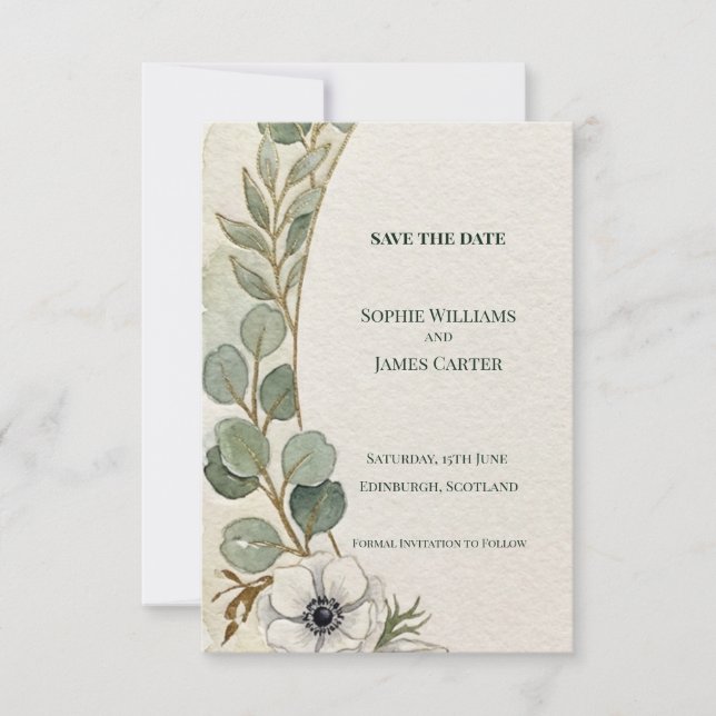 Eucalyptus Anemone Save The Date Card (Front)