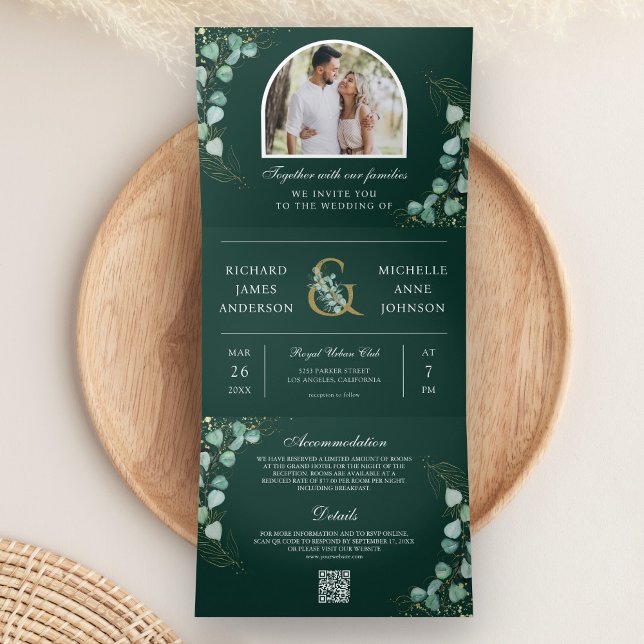 Eucalyptus Arch Emerald Green QR Code Wedding Tri-Fold Invitation (Creator Uploaded)