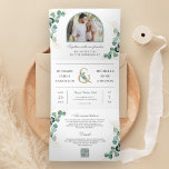 Eucalyptus Arch Photo All in One QR Code Wedding Tri-Fold Invitation<br><div class="desc">Amaze your guests with this elegant wedding invite featuring beautiful eucalyptus leaves and modern typography with QR Code for online RSVP. Simply add your event details on this easy-to-use template and adorn this card with your favourite photos to make it a one-of-a-kind invitation.</div>