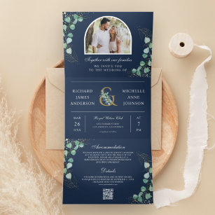 Eucalyptus Arch Photo Navy Blue QR Code Wedding Tri-Fold Invitation