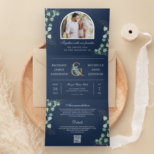 Eucalyptus Arch Photo Navy Blue QR Code Wedding Tri-Fold Invitation (Creator Uploaded)