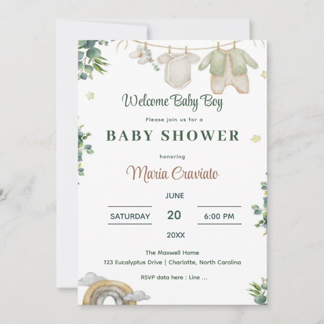 Eucalyptus Baby Boy Shower Invitation (Front)