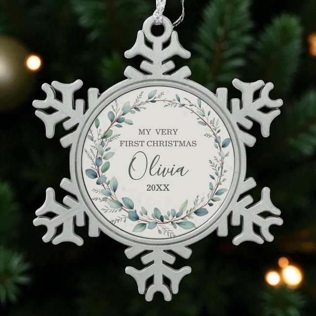Eucalyptus Baby First Christmas Minimalist Modern Snowflake Pewter Christmas Ornament (Creator Uploaded)