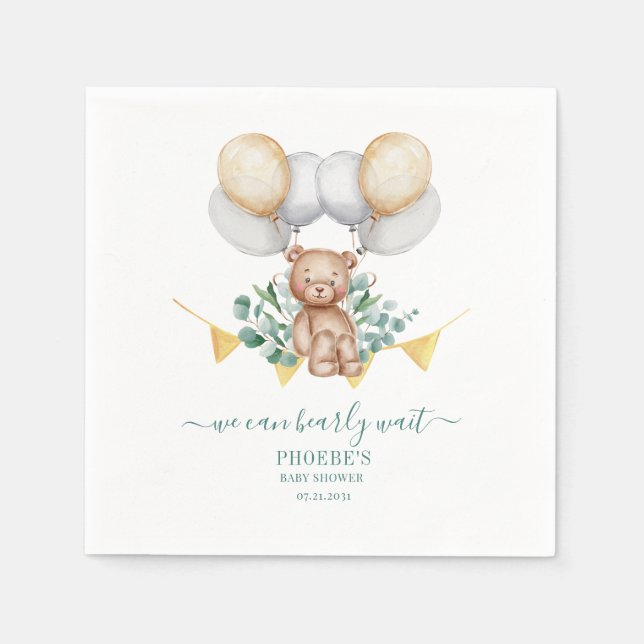 Eucalyptus Baby Shower Bearly Wait Bear Paper Napkin (Front)