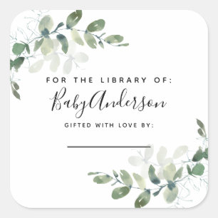 Eucalyptus Baby Shower Bookplate Square Sticker