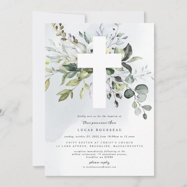Eucalyptus Baptism Christening Boy Invitation (Front)