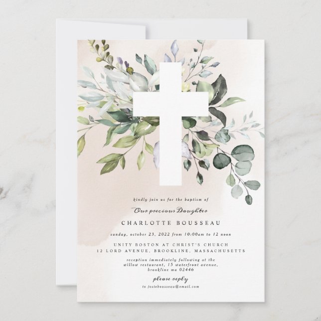 Eucalyptus Baptism Christening Girl Invitation (Front)
