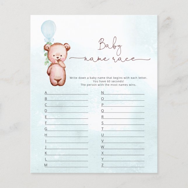 Eucalyptus Bear Baby Name Race Baby Shower Game (Front)