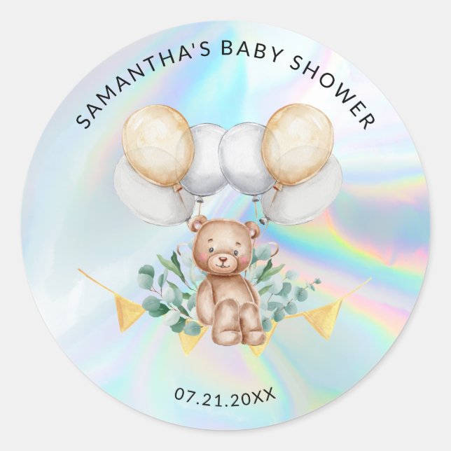 Eucalyptus Bear Balloons Holographic Baby Shower Classic Round Sticker (Front)