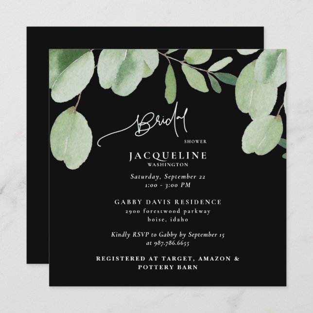 Eucalyptus Black Bridal Shower Invitation (Front/Back)