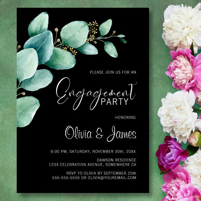 Eucalyptus Black Engagement Party Invitation (Creator Uploaded)