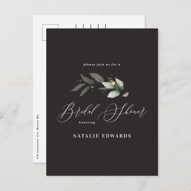 Eucalyptus black gold bridal shower   announcement postcard (Front/Back)