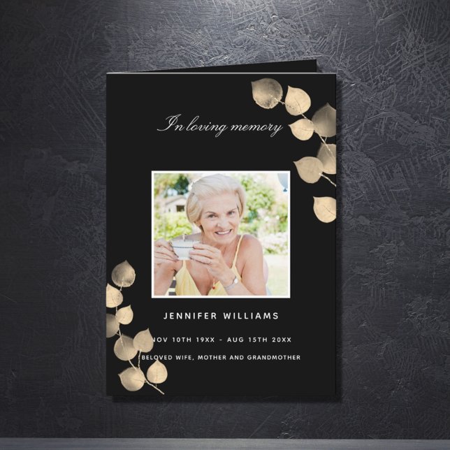 Eucalyptus black golden photo funeral program thank you card (Creator Uploaded)