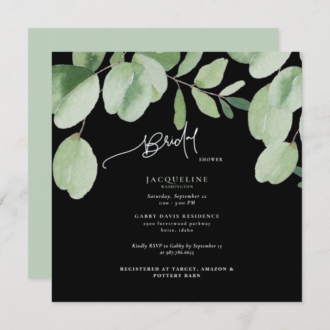 Eucalyptus Black & Green Bridal Shower  Invitation (Front/Back)