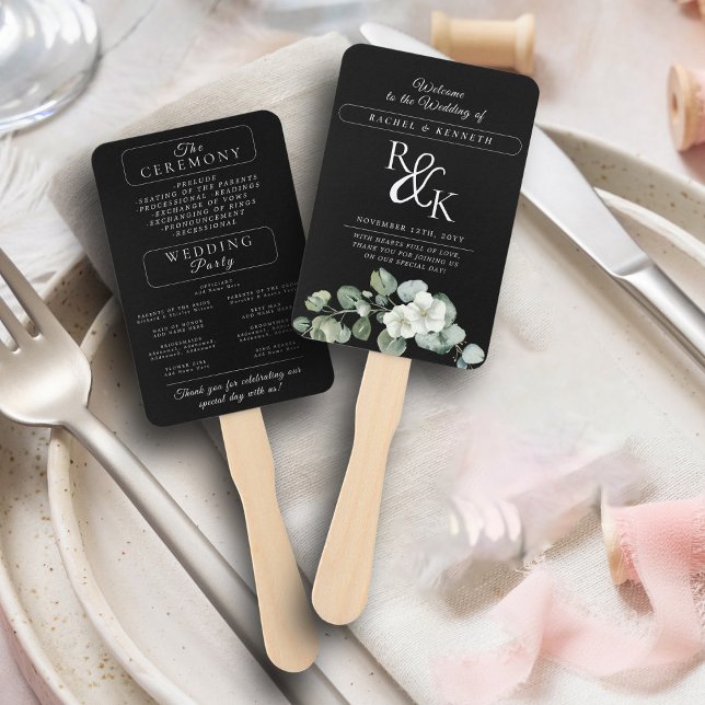 Eucalyptus Black & White Wedding Ceremony Program Hand Fan (Creator Uploaded)