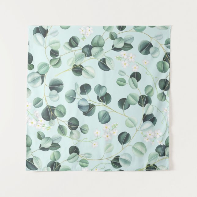 Eucalyptus Bliss: Turquoise Watercolor Pattern. Tapestry (Front)