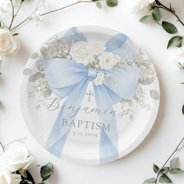 Eucalyptus Blue Bow Baby Boy Baptism Paper Plate (Creator Uploaded)