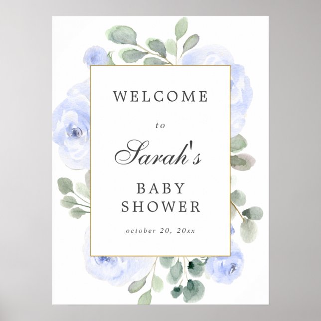 Eucalyptus Blue Floral Baby Shower Welcome Sign (Front)