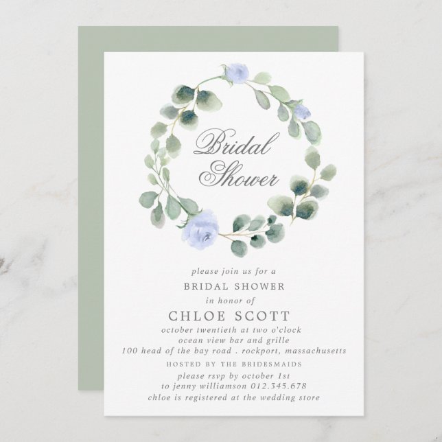 Eucalyptus Blue Floral Wreath Bridal Shower Invitation (Front/Back)
