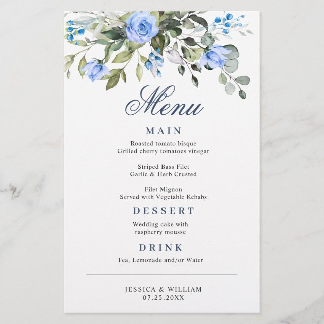 Eucalyptus Blue Roses Floral Wedding Dinner Menu (Front)