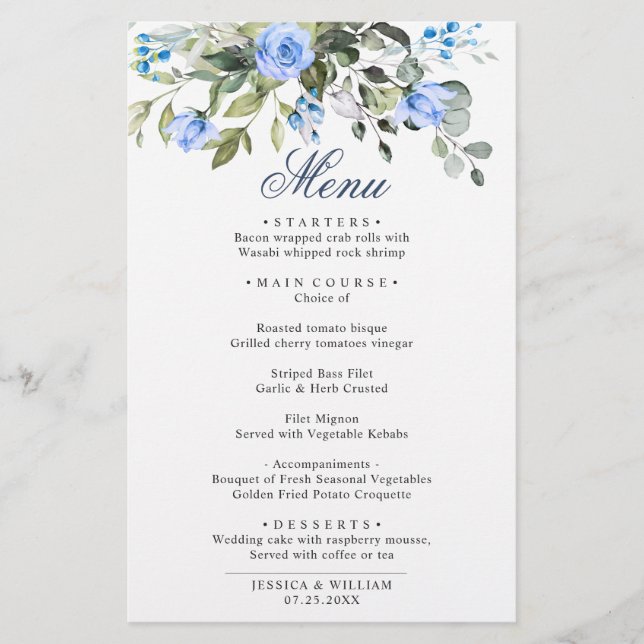 Eucalyptus Blue Roses Floral Wedding Dinner Menu (Front)